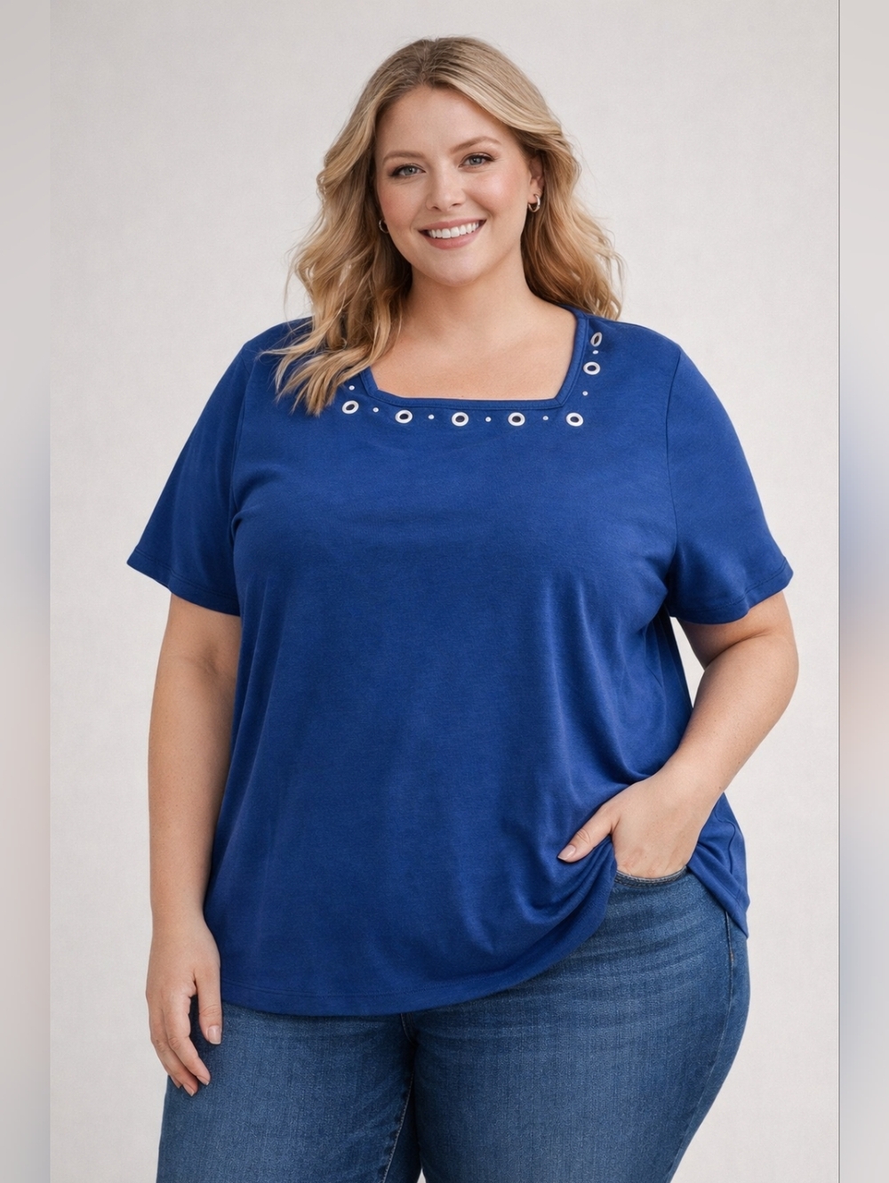 Women’s 2X Blue Grommet Square Neck Top Short Sleeve Plus‎ Size Casual